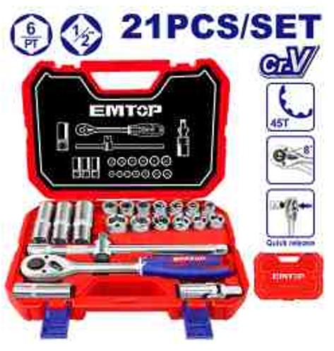 Professional 21 Piece 1/2" Socket Set Cr-V Complete Mechanic Tool - 13 Sockets 10-24mm Spark Plug Universal Joint Extension 3-way Joint BMC Box